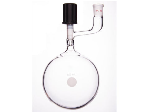 MSE PRO Solvent Storage Ball Bottle, Internal Grinding Mouth, 14/20, 500mL, 4mm High Vacuum Valve