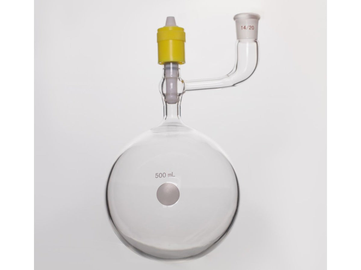 MSE PRO Solvent Storage Ball Bottle, Grinding Mouth: 14/20, 500mL, New 8mm High Vacuum Valve
