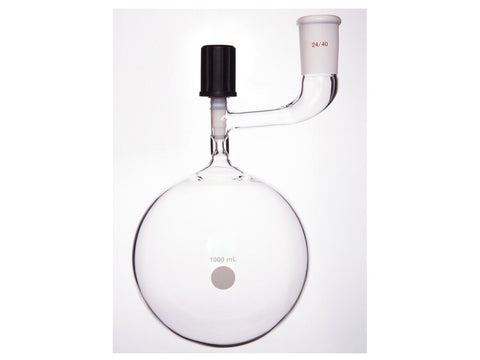 MSE PRO Solvent Storage Ball Bottle, Internal Grinding Mouth, 24/40, 1000mL, 4mm High Vacuum Valve
