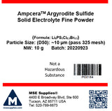 Ampcera® Argyrodite Li<sub>6</sub>PS<sub>5</sub>Cl<sub>0.5</sub>Br<sub>0.5</sub> Sulfide Solid Electrolyte, Pass 325 mesh (D50 ~ 10 um) Fine Powder - MSE Supplies LLC