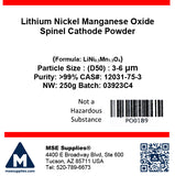 MSE PRO Lithium Nickel Manganese Oxide   LiNi<sub>0.5</sub>Mn<sub>1.5</sub>O<sub>4</sub> LNMO Spinel Cathode Powder 250g - MSE Supplies LLC