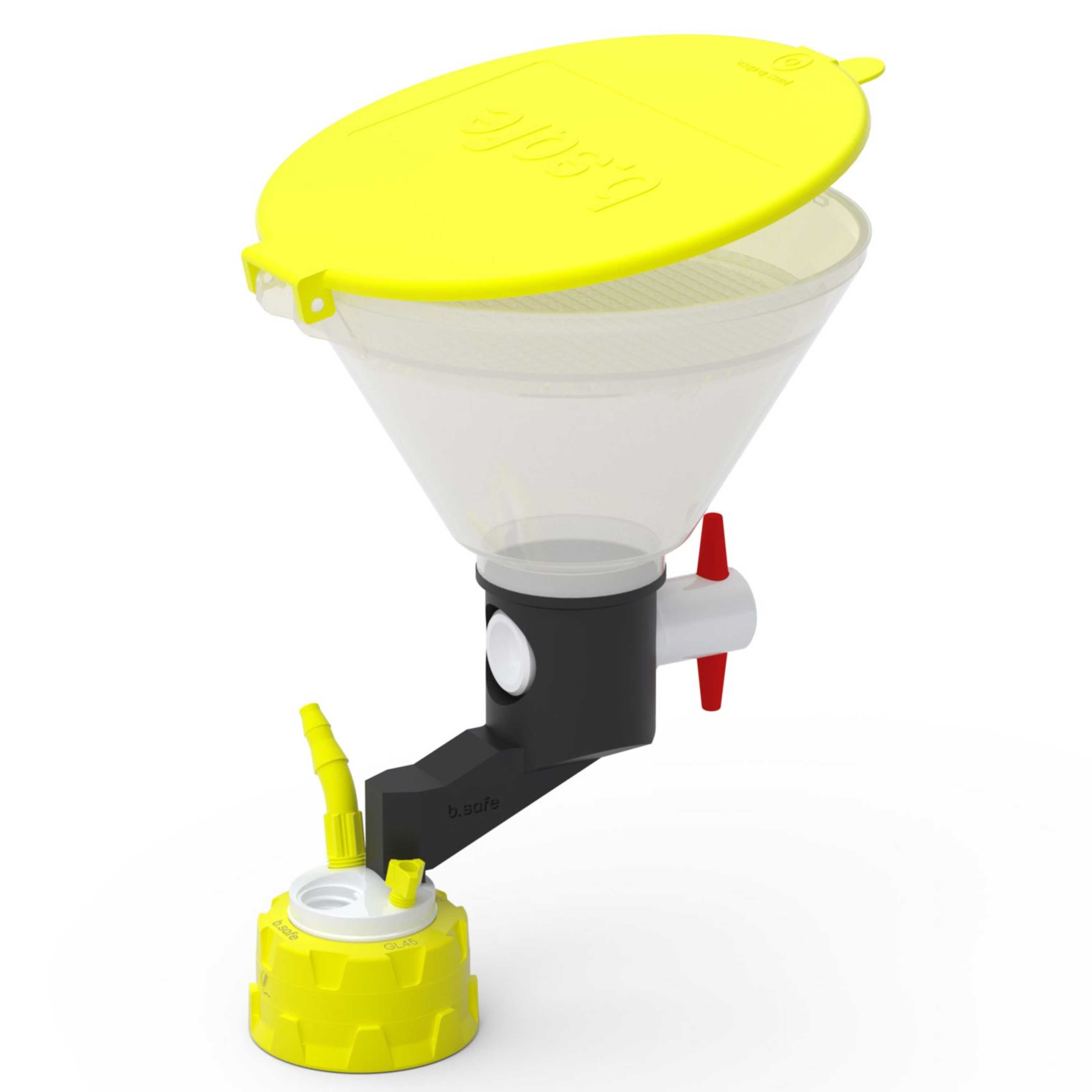 b.safe Waste Cap GL45 with Funnel (1x UNF1/4", 1x GL14, 1x NPT1/8" ) (PTFE/PP-GF/PE )