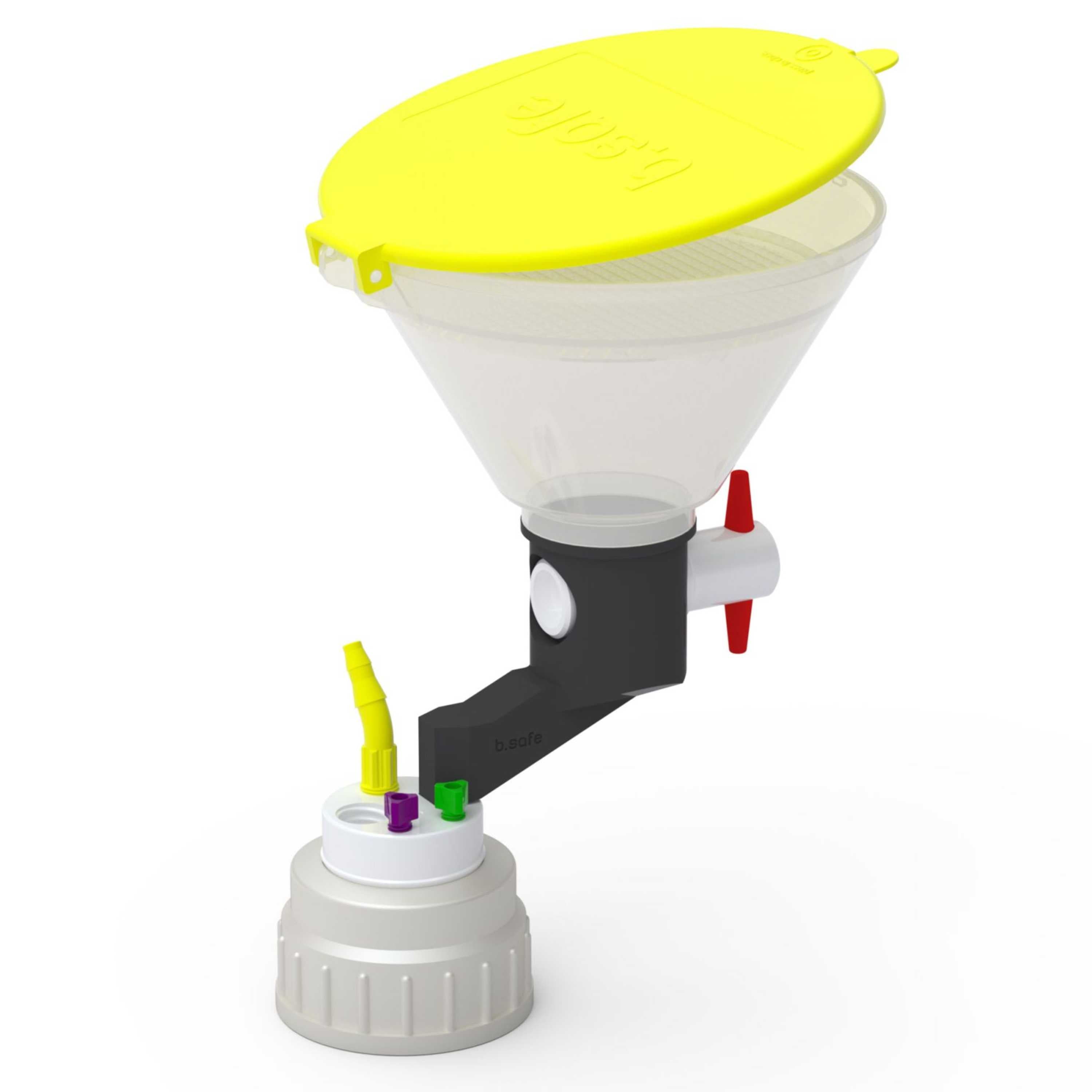 b.safe Waste Cap B53 with Funnel (2x UNF1/4", 1x GL14, 1x NPT1/8" ) (PTFE/PP/PE )