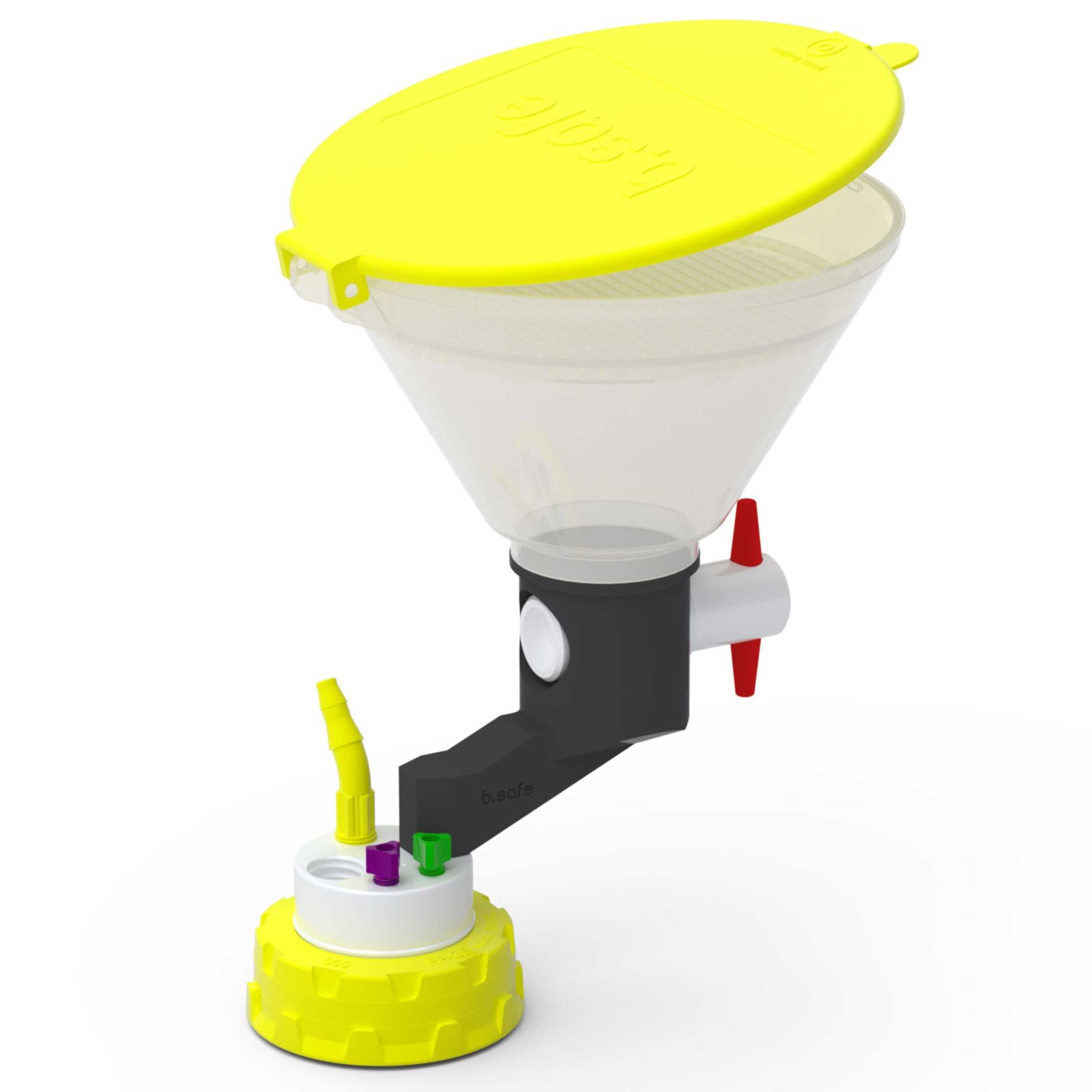 b.safe Waste Cap S55 with Funnel (2x UNF1/4", 1x GL14, 1x NPT1/8" ) (PTFE/PP-GF/PE )