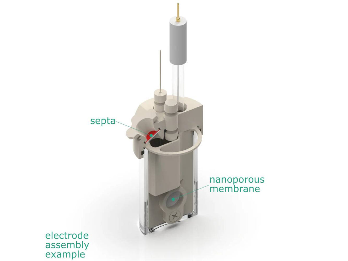 Electrosynthesis Reactor D-Series/Septa, 30 MM OD, Divided Cell, 5-Port, Electrochemical Products, Redox.me, MSE Supplies