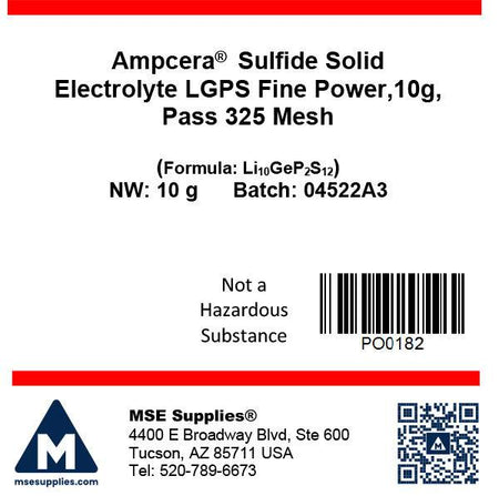 Ampcera Sulfide Solid Electrolyte LGPS (Li<sub>10</sub>GeP<sub>2</sub>S<sub>12</sub>) Fine Powder, Pass 325 Mesh, Battery Consumables, Ampcera, MSE Supplies