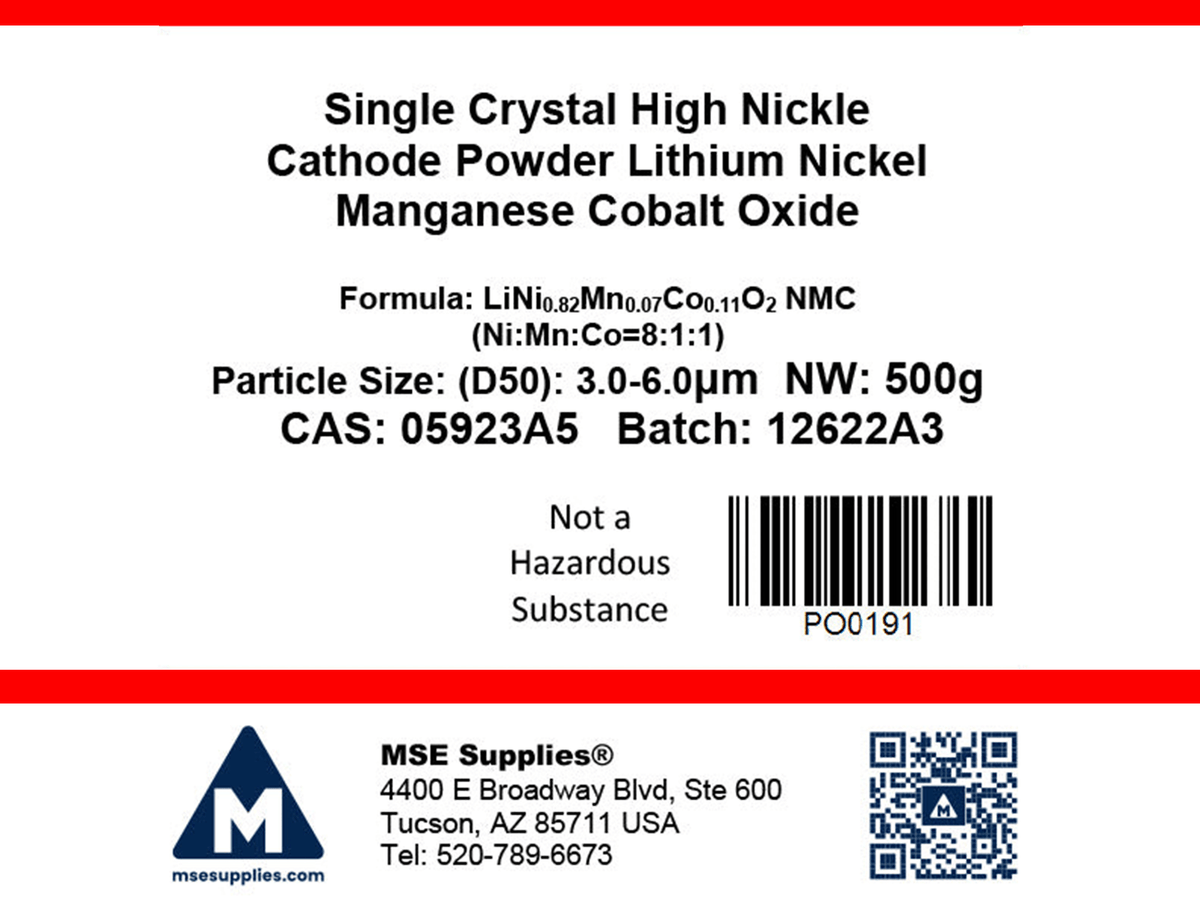 MSE PRO Single Crystal High Nickel NMC Ni82 Cathode Powder 500g Lithium Nickel Manganese Cobalt Oxide, LiNi<sub>0.82</sub>Mn<sub>0.07</sub>Co<sub>0.11</sub>O<sub>2</sub>, Battery Consumables, MSE Supplies LLC, MSE Supplies