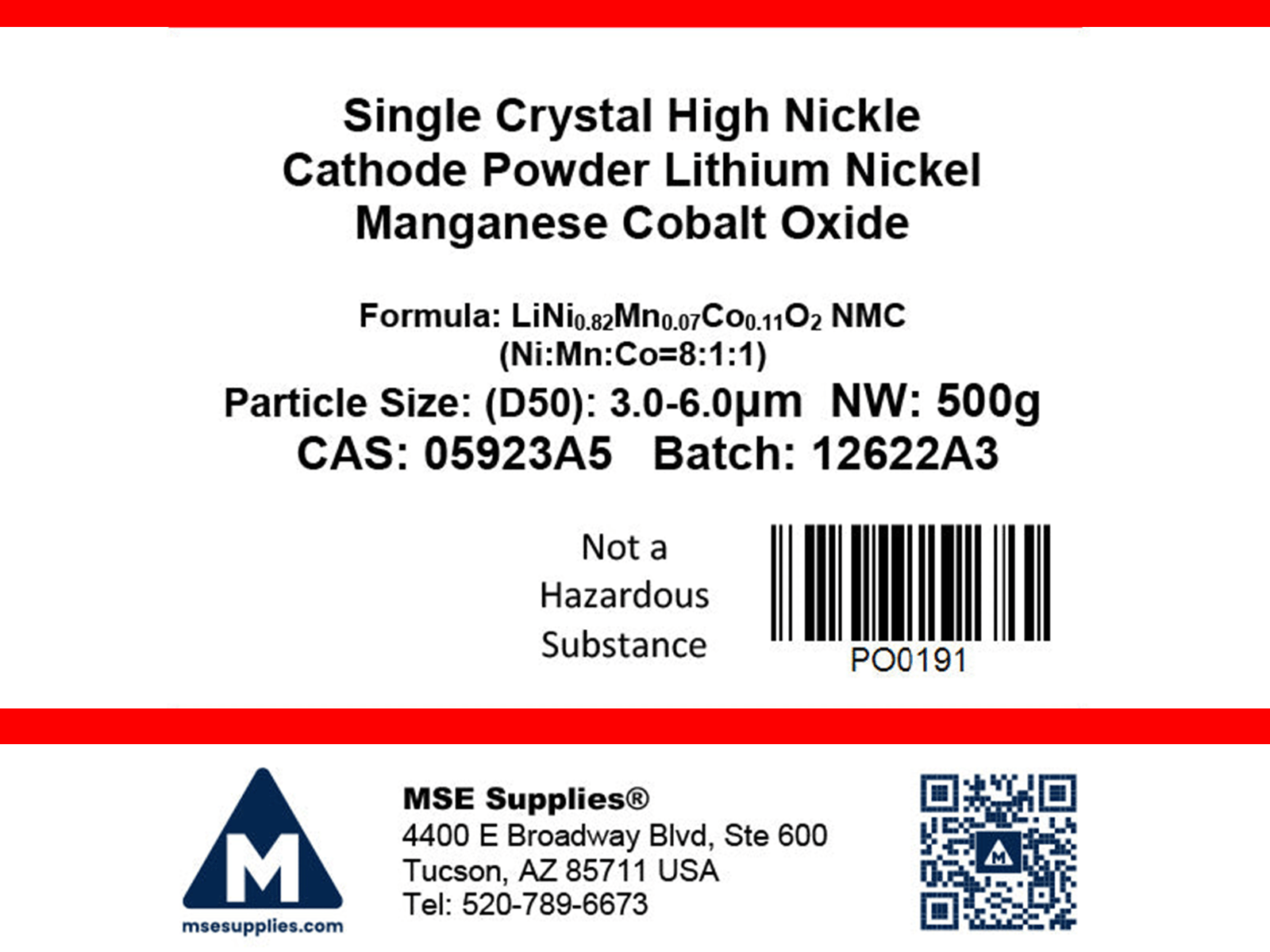 MSE PRO Single Crystal High Nickel NMC Ni82 Cathode Powder 500g Lithium Nickel Manganese Cobalt Oxide, LiNi<sub>0.82</sub>Mn<sub>0.07</sub>Co<sub>0.11</sub>O<sub>2</sub>, Battery Consumables, MSE Supplies LLC, MSE Supplies