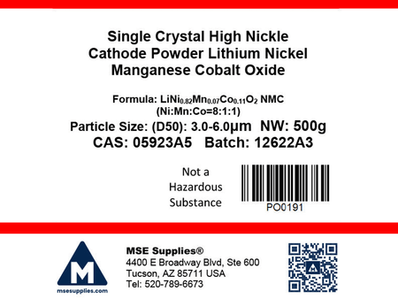 MSE PRO Single Crystal High Nickel NMC Ni82 Cathode Powder 500g Lithium Nickel Manganese Cobalt Oxide, LiNi<sub>0.82</sub>Mn<sub>0.07</sub>Co<sub>0.11</sub>O<sub>2</sub>, Battery Consumables, MSE Supplies LLC, MSE Supplies
