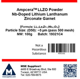 Ampcera® LLZO Powder Nb-Doped Lithium Lanthanum Zirconate Garnet, D50 ~ 5um - MSE Supplies LLC