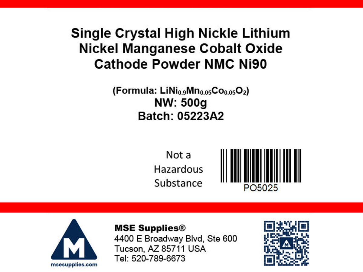 MSE PRO Single Crystal High Nickel NMC Ni90 Lithium Nickel Manganese Cobalt Oxide (LiNi<sub>0.9</sub>Mn<sub>0.05</sub>Co<sub>0.05</sub>O<sub>2</sub>) Cathode Powder, 500g, Battery Consumables, MSE Supplies LLC, MSE Supplies