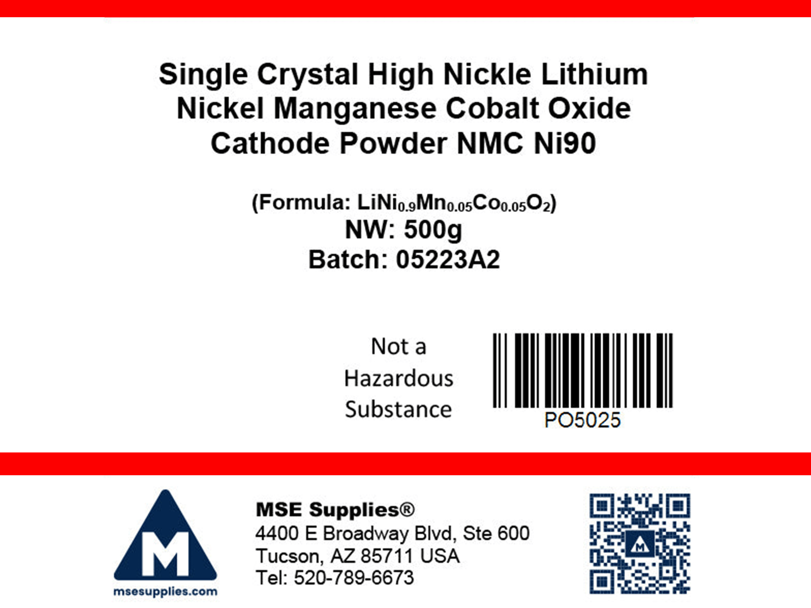 MSE PRO Single Crystal High Nickel NMC Ni90 Lithium Nickel Manganese Cobalt Oxide (LiNi<sub>0.9</sub>Mn<sub>0.05</sub>Co<sub>0.05</sub>O<sub>2</sub>) Cathode Powder, 500g, Battery Consumables, MSE Supplies LLC, MSE Supplies