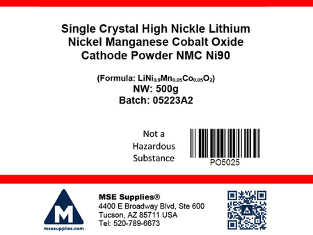 MSE PRO Single Crystal High Nickel NMC Ni90 Lithium Nickel Manganese Cobalt Oxide (LiNi<sub>0.9</sub>Mn<sub>0.05</sub>Co<sub>0.05</sub>O<sub>2</sub>) Cathode Powder, 500g, Battery Consumables, MSE Supplies LLC, MSE Supplies