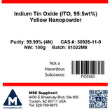 MSE PRO Indium Tin Oxide (ITO, 95:5wt%) Yellow Nanopowder 99.99% (4N), 100g - MSE Supplies LLC