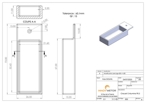 Customized MSE PRO alumina crucibles per creuset 2 drawing: Thickness: 2.2 mm, Length: 57 mm, Depth: 11 mm, Total height: 13 mm, Width: 26mm - Crucibles - MSE Supplies LLC - MSE Supplies