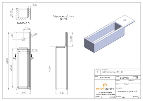 Customized MSE PRO alumina crucibles per creuset 1 drawing: Thickness: 2.2 mm, Length: 45mm, Depth: 10 mm, Total height: 12 mm, Width: 15 mm - Crucibles - MSE Supplies LLC - MSE Supplies