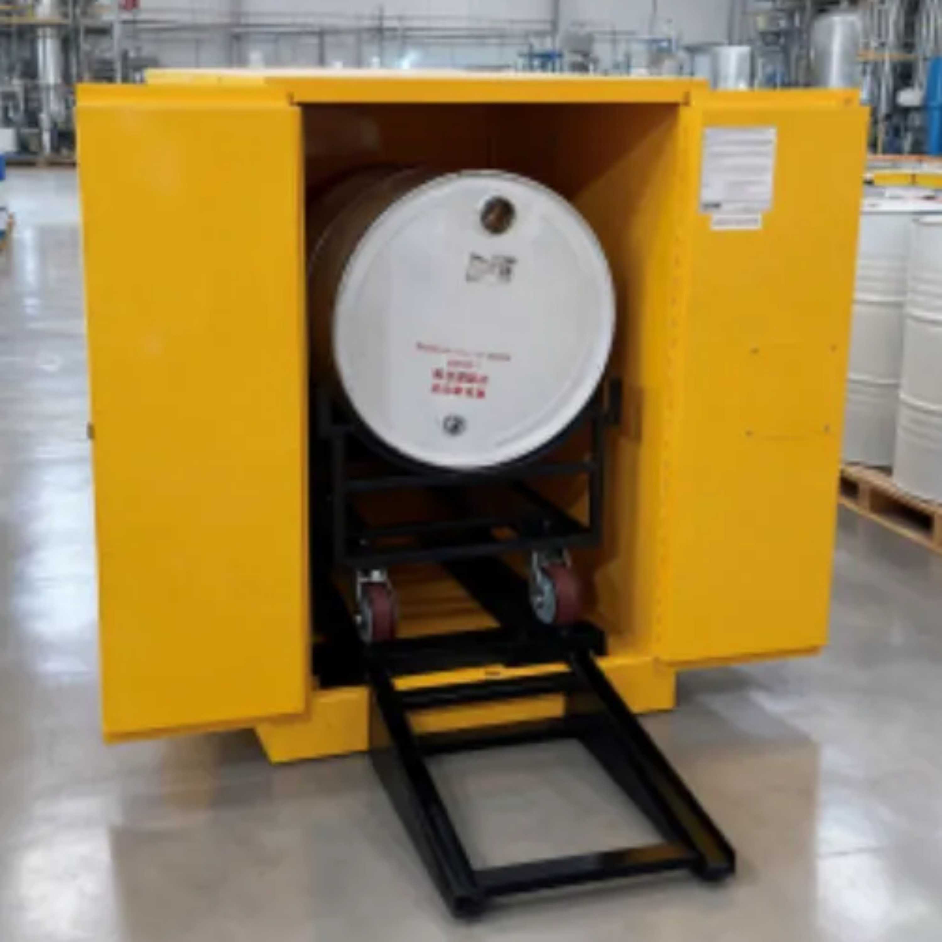 SAI-U® 55 Gallon, Yellow, Mnaual Close, 1 Guide Rail,  Horizontal Oil Drum Safety Storage Cabinet