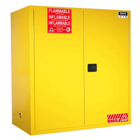 SAI-U® 110 Gallon, Yellow, Manual Close, 1 Shelf, 2 Rollers Drum Safety Storage Cabinet