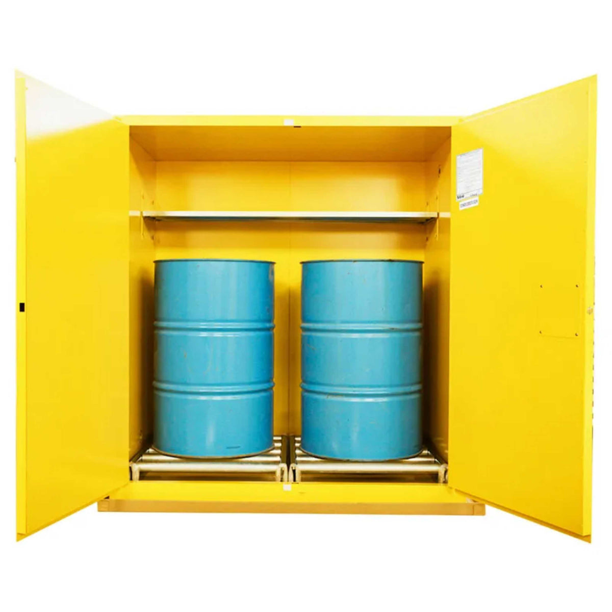 SAI-U® 110 Gallon, Yellow, Manual Close, 1 Shelf, 2 Rollers Drum Safety Storage Cabinet