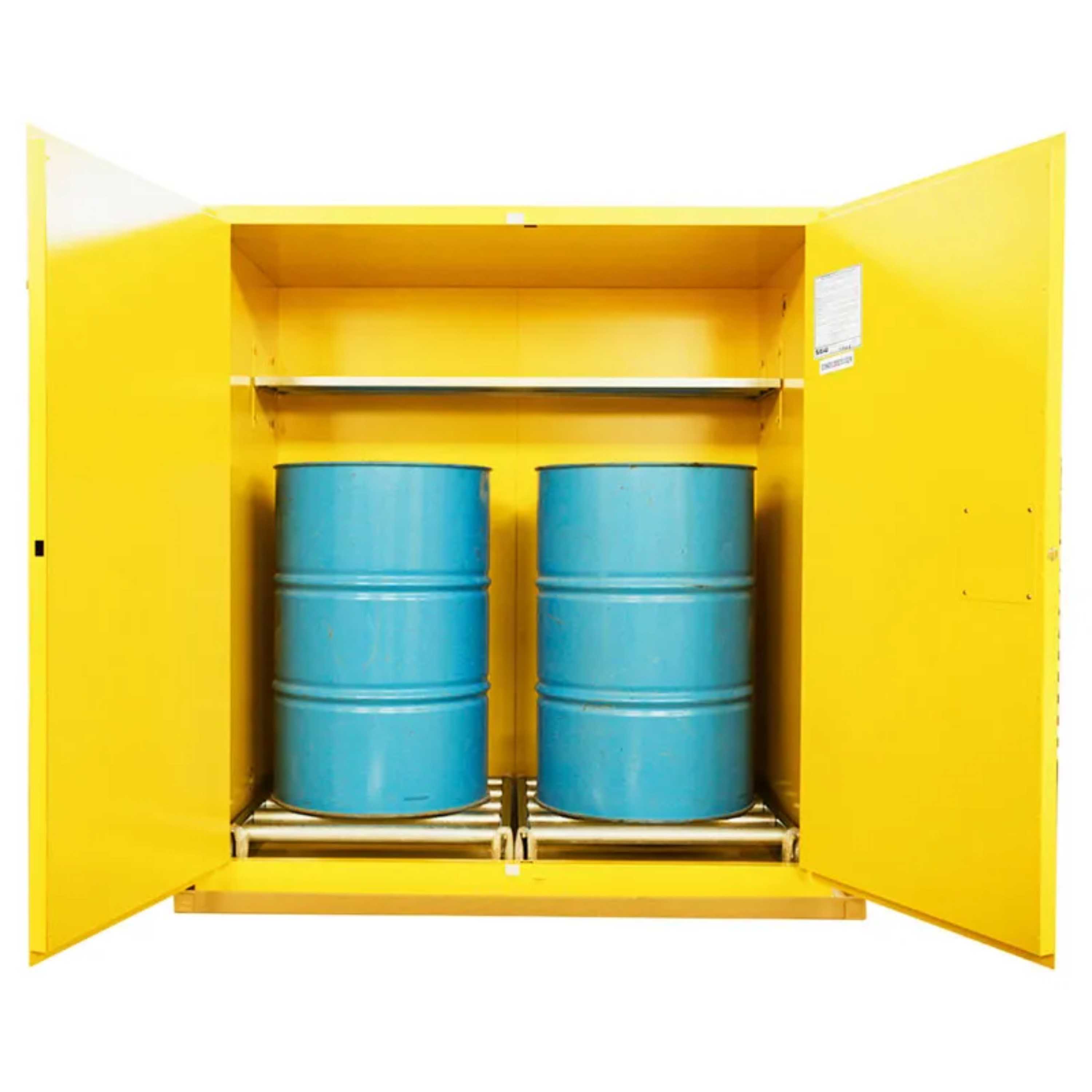 SAI-U® 110 Gallon, Yellow, Manual Close, 1 Shelf, 2 Rollers Drum Safety Storage Cabinet