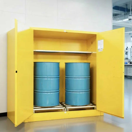 SAI-U® 110 Gallon, Yellow, Manual Close, 1 Shelf, 2 Rollers Drum Safety Storage Cabinet