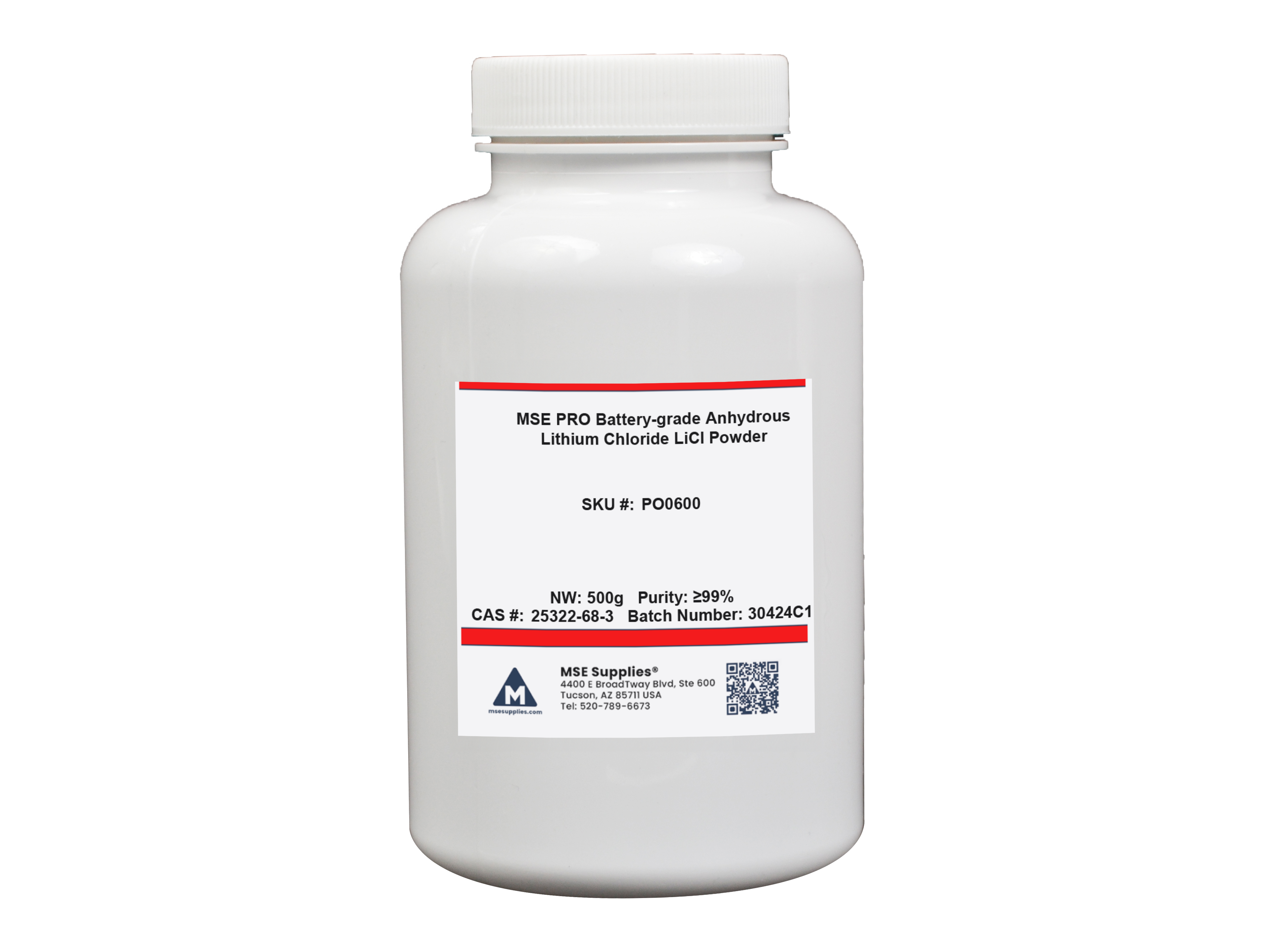 MSE PRO ≥99% Battery-grade Anhydrous Lithium Chloride LiCl Powder, 500g, Chemicals and Compounds, MSE Supplies LLC, MSE Supplies