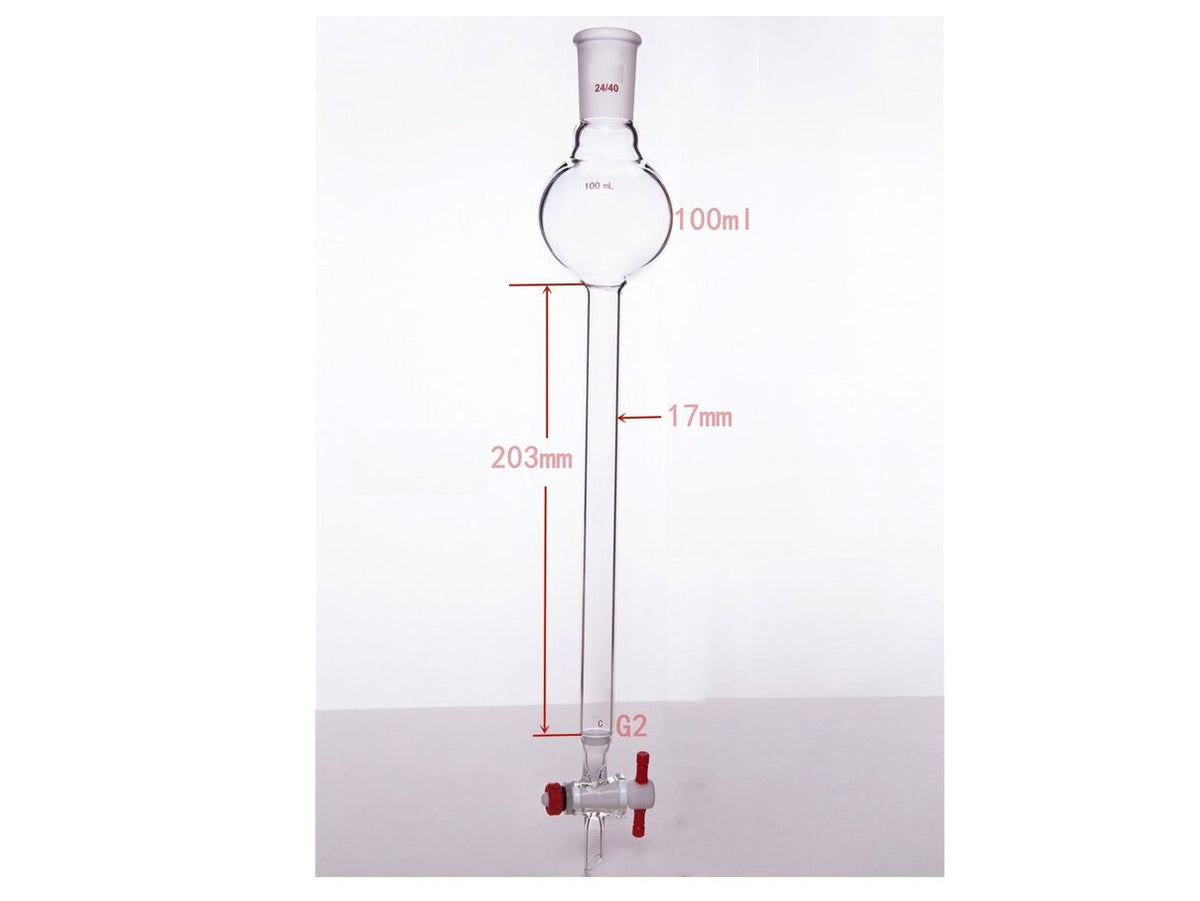 MSE PRO Chromatography Column with Sand Plate Storage Ball, 24/40, φ17mm, Effective Length 203mm, Storage Ball Capacity 100mL