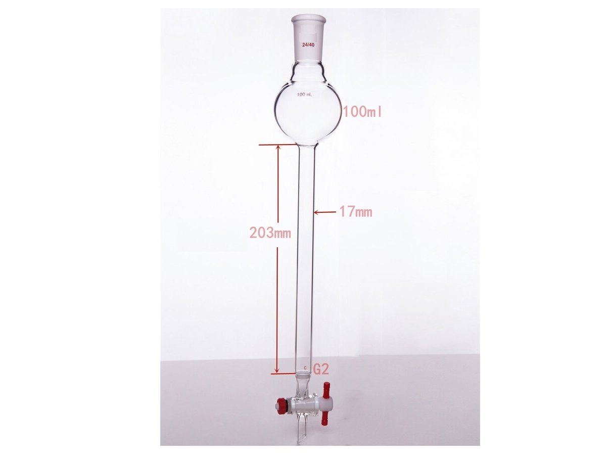 MSE PRO Chromatography Column with Sand Plate Storage Ball, 24/40, φ17mm, Effective Length 203mm, Storage Ball Capacity 100mL