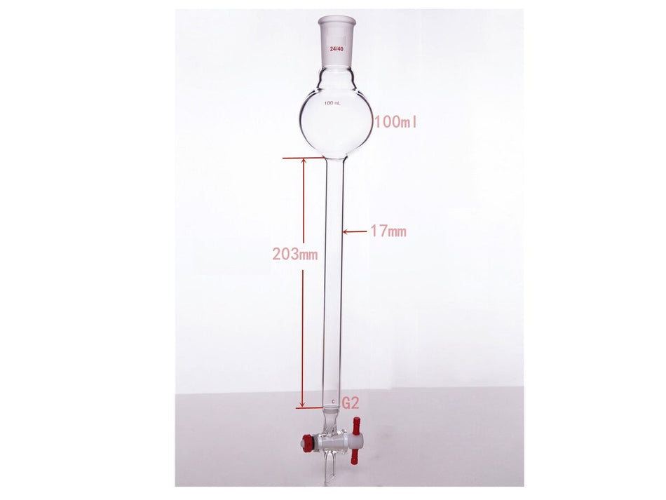 MSE PRO Chromatography Column with Sand Plate Storage Ball, 24/40, φ17mm, Effective Length 203mm, Storage Ball Capacity 100mL