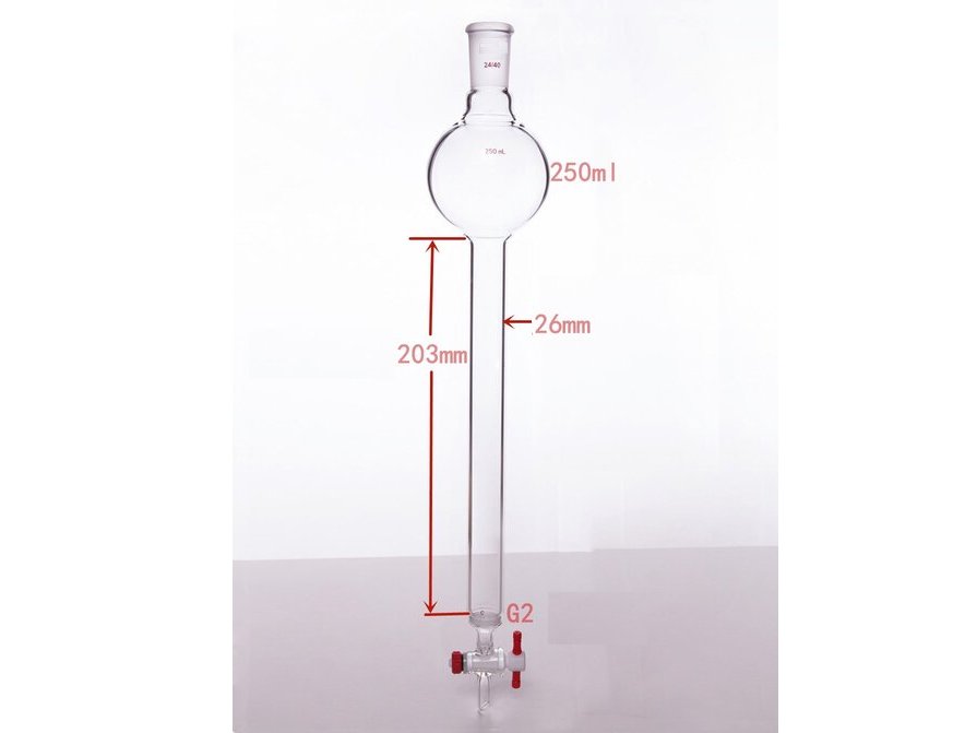 MSE PRO Chromatography Column with Sand Plate Storage Ball, 24/40, φ26mm, Effective Length 203mm, Storage Ball Capacity 250mL - MSE Supplies LLC