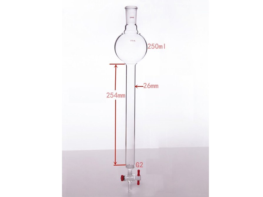 MSE PRO Chromatography Column with Sand Plate Storage Ball, 24/40, φ26mm, Effective Length 254mm, Storage Ball Capacity 250mL - MSE Supplies LLC