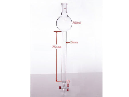 MSE PRO Chromatography Column with Sand Plate Storage Ball, 24/40, φ26mm, Effective Length 254mm, Storage Ball Capacity 250mL - MSE Supplies LLC