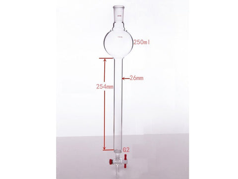 MSE PRO Chromatography Column with Sand Plate Storage Ball, 24/40, φ26mm, Effective Length 254mm, Storage Ball Capacity 250mL - MSE Supplies LLC