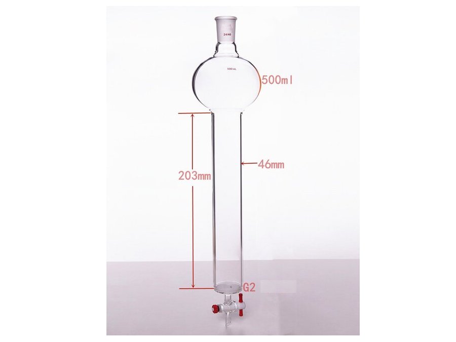 MSE PRO Chromatography Column with Sand Plate Storage Ball, 24/40, φ46mm, Effective Length 203mm, Storage Ball Capacity 500mL
