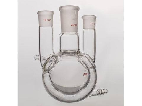 MSE PRO Jacketed All-Inclusive, Straight Three-Mouth Round Bottom Ball Bottle, Middle Grinding Mouth: 24/40, Side Grinding Mouth: 19/22, 100mL