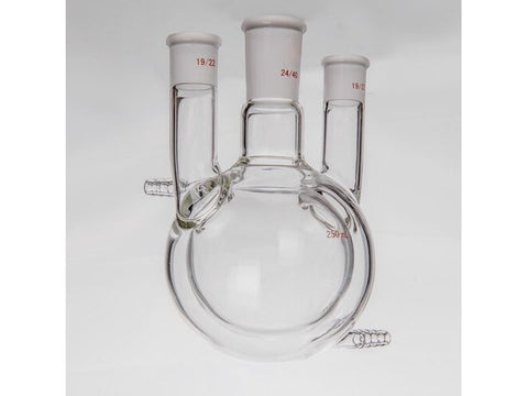 MSE PRO Jacketed All-Inclusive, Straight Three-Mouth Round Bottom Ball Bottle, Middle Grinding Mouth: 24/40, Side Grinding Mouth: 19/22, 250mL