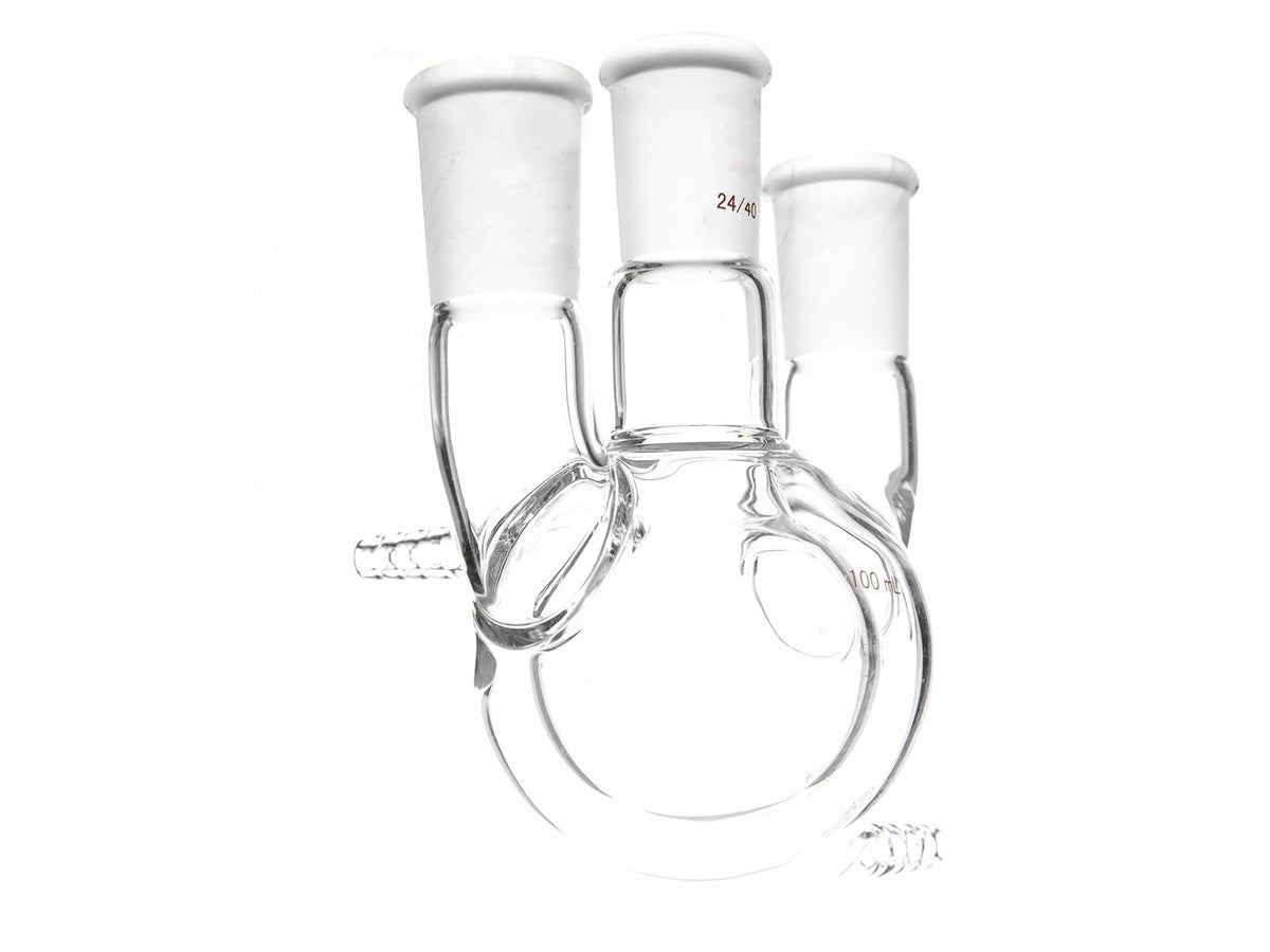 MSE PRO Jacketed All-Inclusive, Straight Three-Mouth Round Bottom Ball Bottle, Middle Grinding Mouth: 24/40, Side Grinding Mouth: 24/40, 100mL