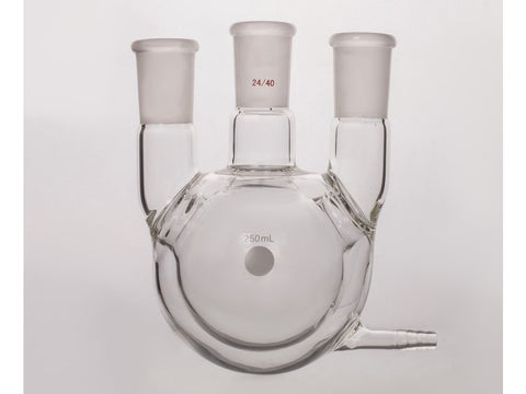 MSE PRO Jacketed All-Inclusive, Straight Three-Mouth Round Bottom Ball Bottle, Middle Grinding Mouth: 24/40, Side Grinding Mouth: 24/40, 250mL