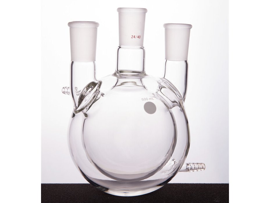 MSE PRO Jacketed All-Inclusive, Straight Three-Mouth Round Bottom Ball Bottle, Middle Grinding Mouth: 24/40, Side Grinding Mouth: 24/40, 500mL