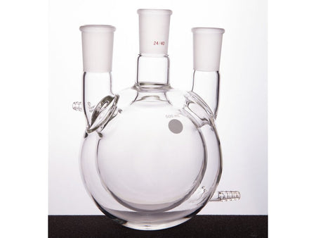 MSE PRO Jacketed All-Inclusive, Straight Three-Mouth Round Bottom Ball Bottle, Middle Grinding Mouth: 24/40, Side Grinding Mouth: 24/40, 500mL