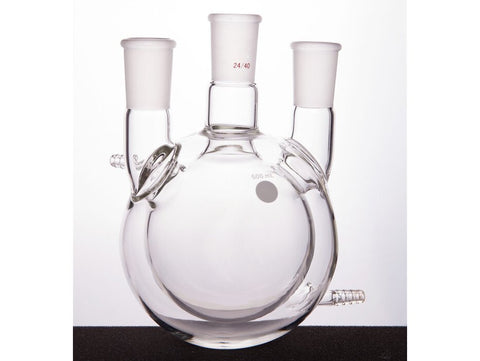 MSE PRO Jacketed All-Inclusive, Straight Three-Mouth Round Bottom Ball Bottle, Middle Grinding Mouth: 24/40, Side Grinding Mouth: 24/40, 500mL