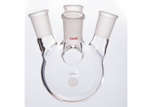 MSE PRO Oblique Four-Mouth Round Bottom Ball Bottle, Middle Grinding Mouth: 24/40, Side Mouth: 24/40, Front Mouth: 24/40, 100mL