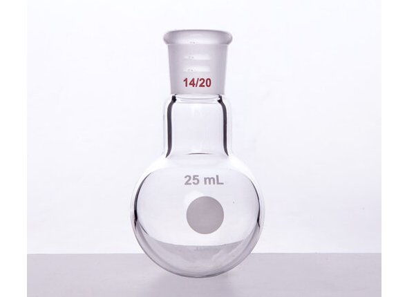 MSE PRO Single Neck Round Bottom Ball Bottle, Thick Wall High Strength, Grinding Mouth: 14/20, 25mL