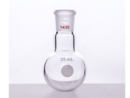 MSE PRO Single Neck Round Bottom Ball Bottle, Thick Wall High Strength, Grinding Mouth: 14/20, 25mL