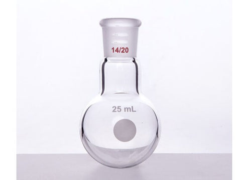 MSE PRO Single Neck Round Bottom Ball Bottle, Thick Wall High Strength, Grinding Mouth: 14/20, 25mL