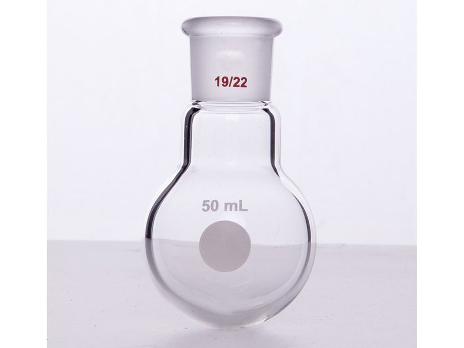 MSE PRO Single Neck Round Bottom Ball Bottle, Thick Wall High Strength, Grinding Mouth: 19/22, 50mL
