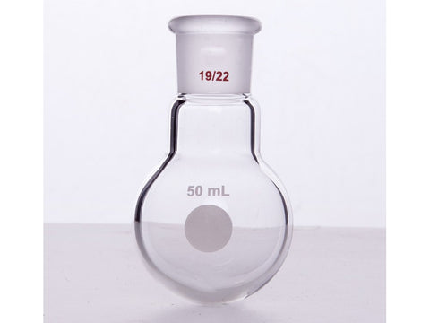 MSE PRO Single Neck Round Bottom Ball Bottle, Thick Wall High Strength, Grinding Mouth: 19/22, 50mL