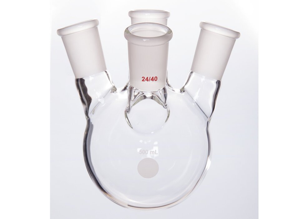 MSE PRO Slanted Four-Mouth Round Bottom Ball Bottle, Middle Grinding Mouth: 24/40, Side Grinding Mouth: 24/40, 500mL