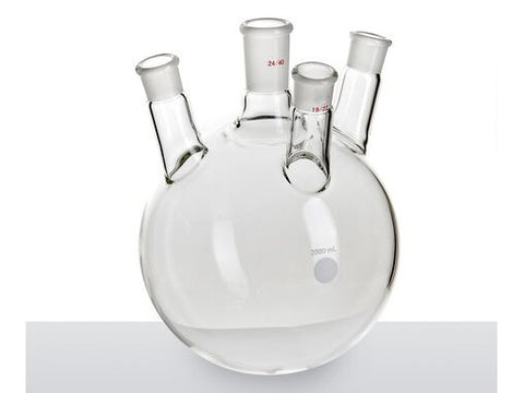 MSE PRO Slanted Four-Mouth Round Bottom Ball Bottle, Middle Grinding Mouth: 24/40, Side Mouth: 19/22, Front Mouth: 19/22, 2000mL