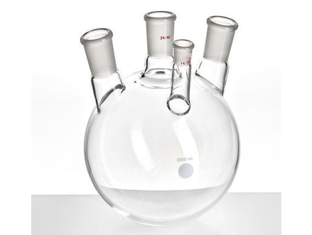 MSE PRO Slanted Four-Mouth Round Bottom Ball Bottle, Middle Grinding Mouth: 24/40, Side Mouth: 24/40, Front Mouth: 14/20, 2000mL